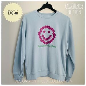😊DESIGNS UNTITLED Baby Blue with Floral Long Sleeve Crew Neck Pullover Sweater